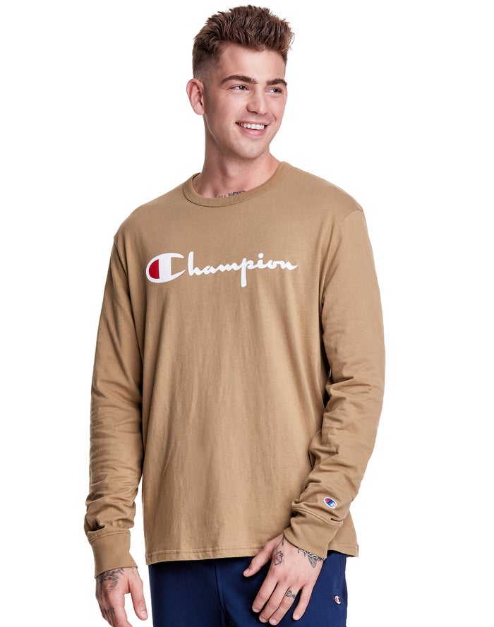 Camiseta Champion Hombre - Long-Sleeve Lightweight Script Logo ( Kaki ) 7495603-IR